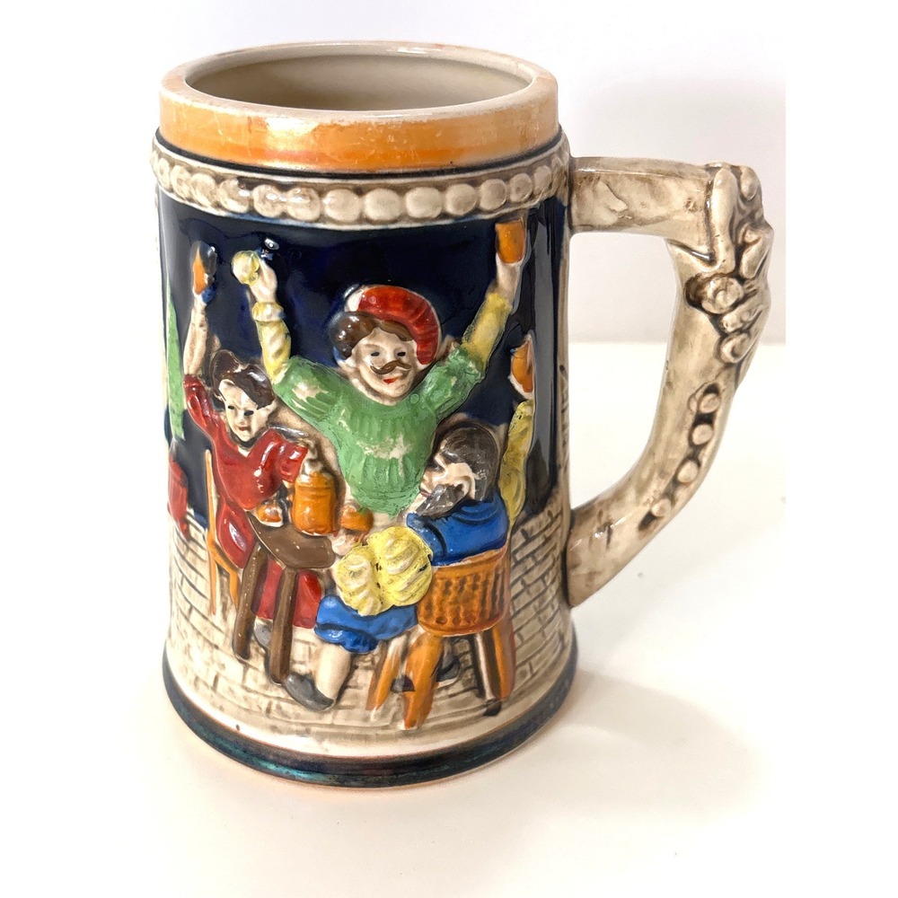 Vintage German Style Beer Stein Mug Ceramic People Cheering Bar Colorful 5.75in